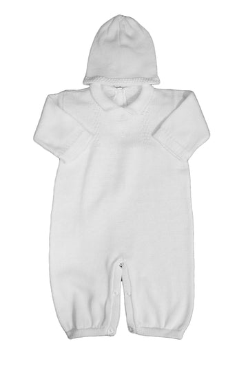 Boy'S White Cotton Knit Christening Baptism Longall W/White Cross And Hat 3 Mo