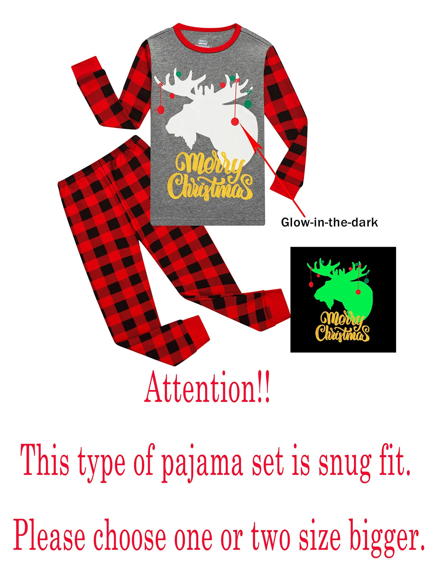 Family Feeling Baby Infant Holiday Christmas Glow In The Dark Moose Reindeer Plaid Matching Family Long Sleeves Pajamas Set Grey
