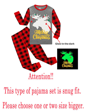 Family Feeling Baby Infant Holiday Christmas Glow In The Dark Moose Reindeer Plaid Matching Family Long Sleeves Pajamas Set Grey