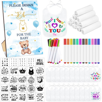Panitay 100 Pcs Diy Baby Bibs Decorating Kit 50 White Bibs 25 Stencils 24 Fabric Markers 1 Baby Shower Game Sign(Blue Bear)