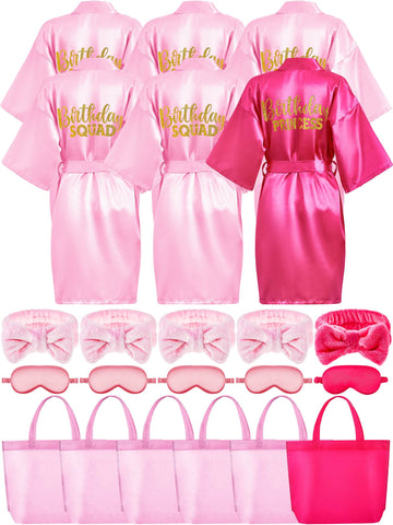 Sintuff 24 Pcs Kids Spa Party Supplies For Girls 6 Spa Party Robes 6 Tote Bags 6 Headbands 6 Spa Masks (Rose Red Birthday,Size 1