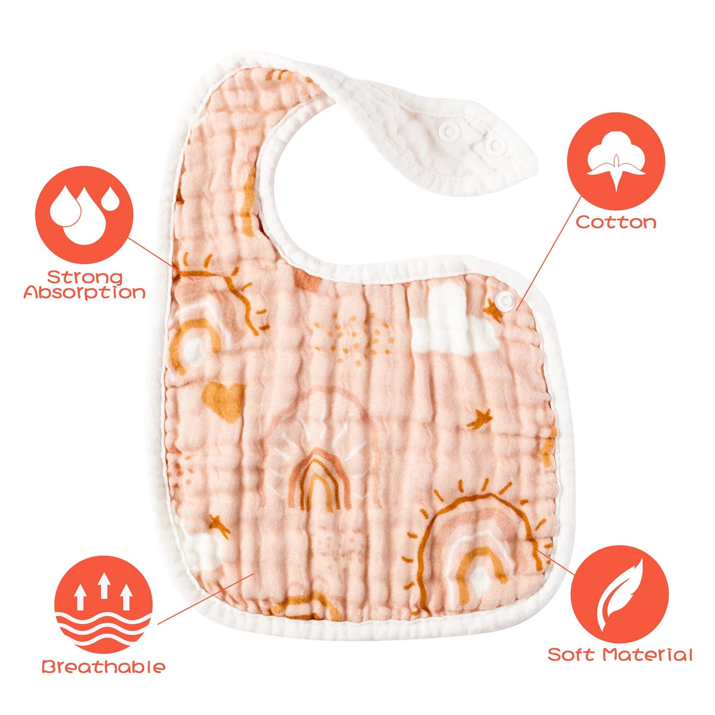 Zainpe 6Pcs Snap Muslin Cotton Bibs For Baby Rainbow Sun Star Bib Adjustable Feeding Bib Machine Washable Unisex Burp Cloths Wit