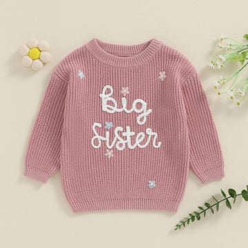 Amnnchya Toddler Infant Baby Girl Knit Sweater Big Sister Little Sister Matching Outfits Long Sleeve Pullover Sweatshirt (Rose R