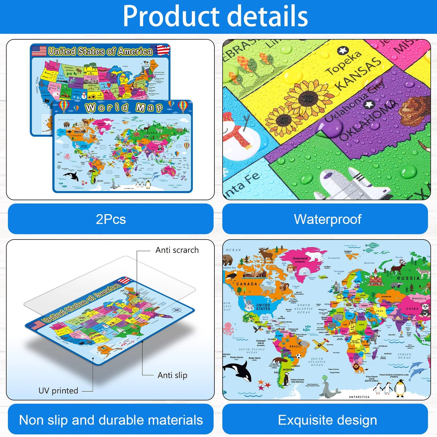 Patelai 2 Pcs Educational Placemats Learning Kids World Map United States Map Placemats Washable Reusable Non Slip For Nursery H