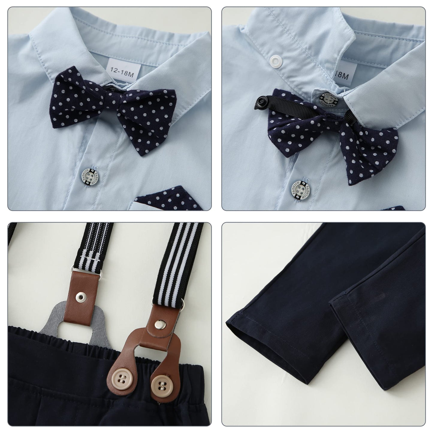 Disaur Toddler Boy Wedding Outfits Blue Dark Blue Long Sleeve Dress Shirt Bow Tie Suspender Pants Baptism Outfits For Boys 12 Mo