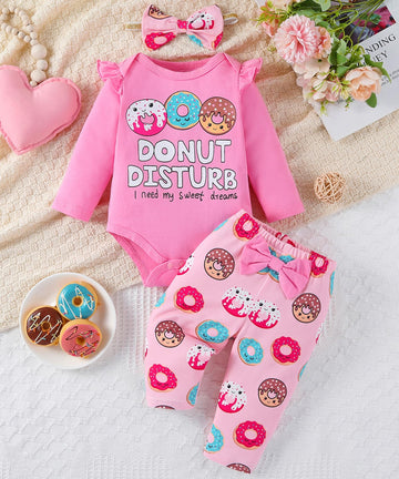 Fullfamous Baby Girl Clothes Gifts Outfits,Fall Winter Long Sleeve Romper And Pant Set Rose Red Donut 3-6 Months