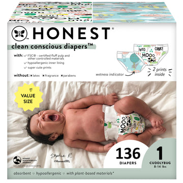 The Honest Company Clean Conscious Diapers | Plant-Based, Sustainable | Above It All + Barnyard Babies | Super Club Box, Size 1