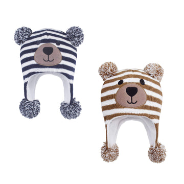 Langzhen Toddler Kids Infant Winter Hat,Earflap Knit Warm Cap Fleece Lined Beanie For Baby Boys (Bear -Navy Stripe+Bear -Brown S