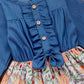Infant Toddler Baby Girls Halloween Dress Ruffled Button Pumpkin Printed Bowknot Long Sleeve Denim Fall Skirt(Blue, 3-4T)