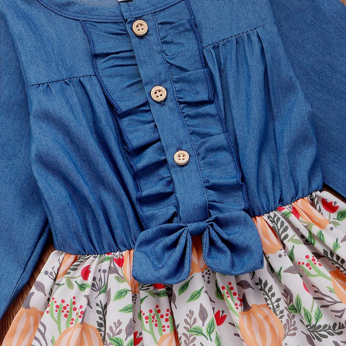 Infant Toddler Baby Girls Halloween Dress Ruffled Button Pumpkin Printed Bowknot Long Sleeve Denim Fall Skirt(Blue, 3-4T)