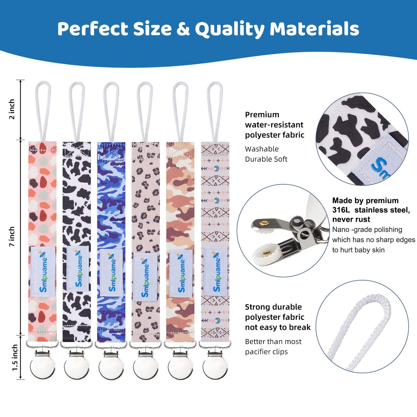 Smlpuame Pacifier Clip For Baby Boys Girl,6 Pack Stylish Binky Clips Strap,Paci Holder With Metal Clips Universal Lightweight Fi