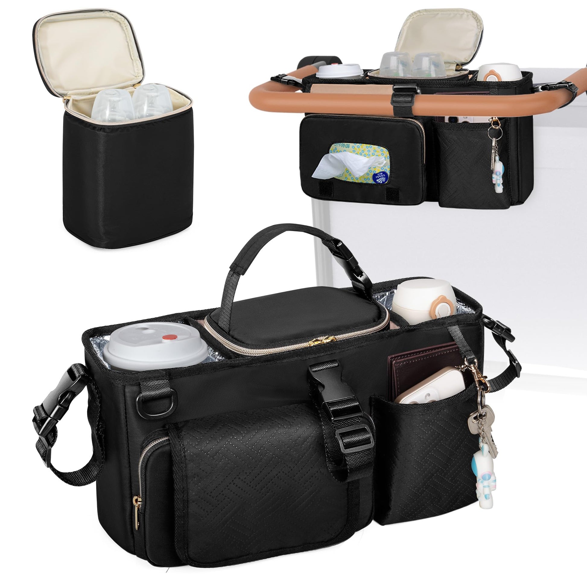 Prokva Parent Console Stroller Organizer Compatible With Wonderfold W2&W4&X, Wagon Stroller Caddy With 2 Insulated Cup Holders,