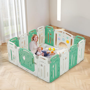 HOMMOW Baby Playpen,Foldable Plastic Playpen for Babies and Toddlers,14 Panels Fence with Lockable Door,Music Player,Soccer Goal