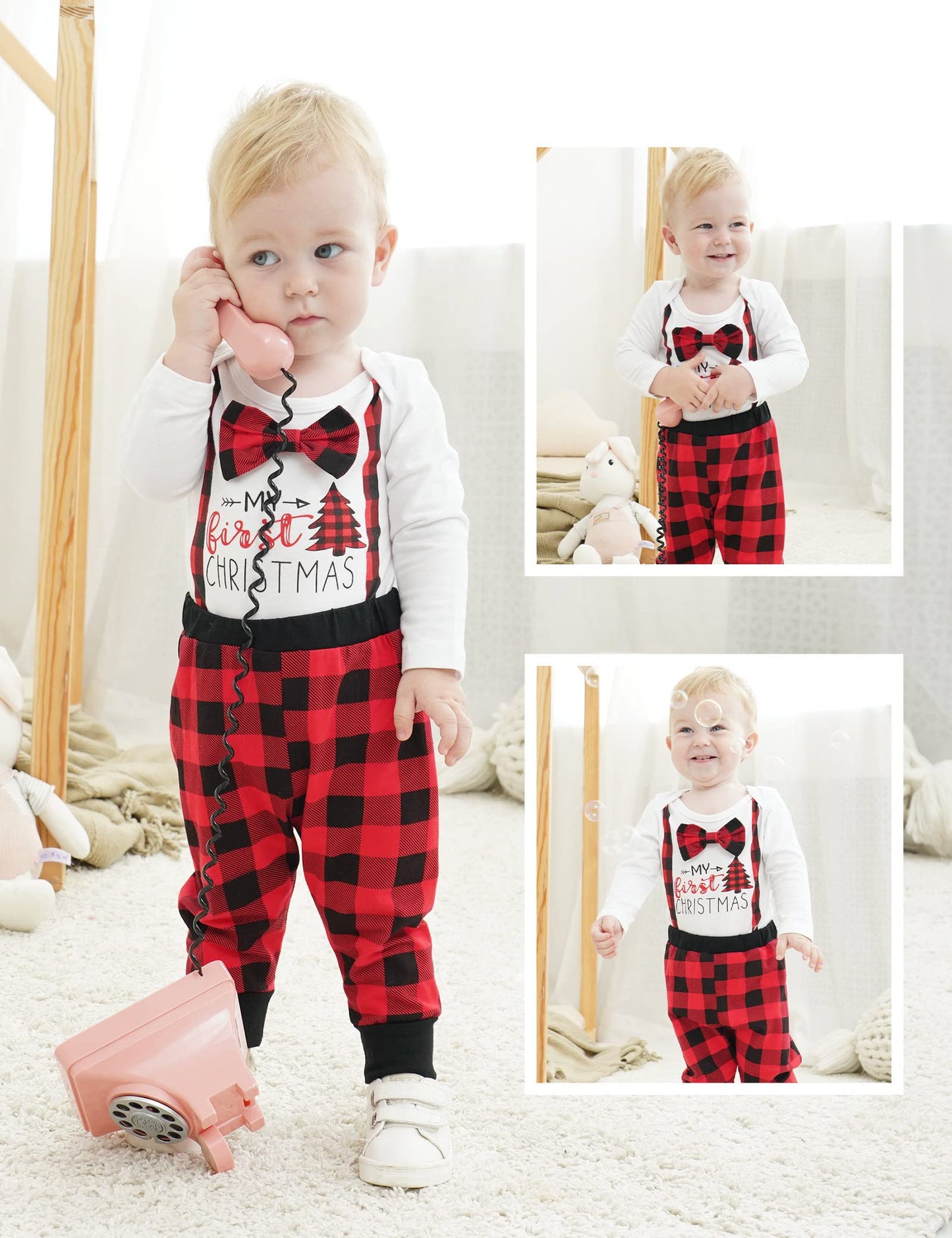 Bilison Infant Baby Boy Christmas Outfit My First Christmas Gentleman Romper Red Plaid Pants With Hat Clothes Sets