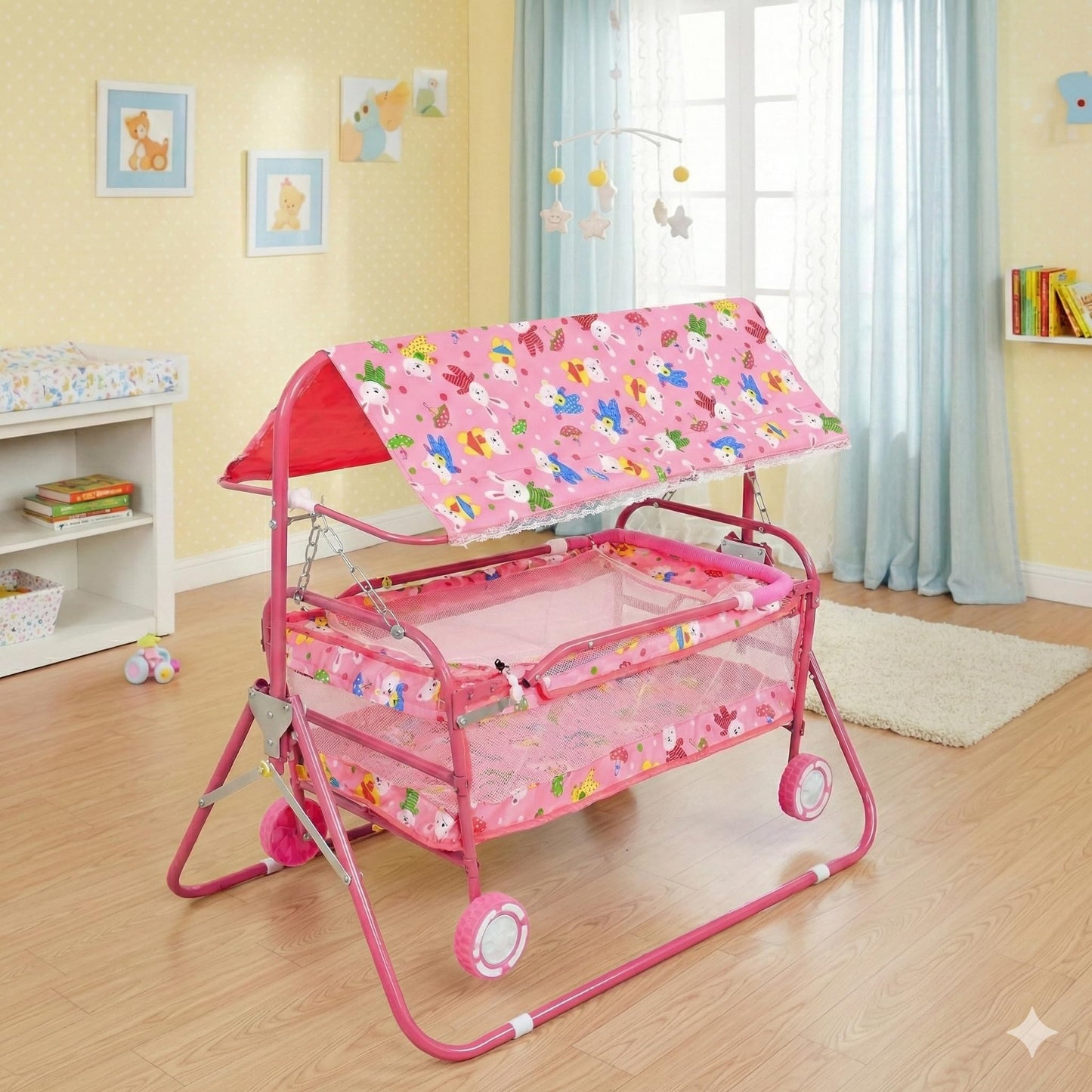 Avani Metrobuzz Small Baby Cradle With Wheels, Foldable Design With Canopy For For 06 Months Baby Boys And Girls (Medium_Pink)