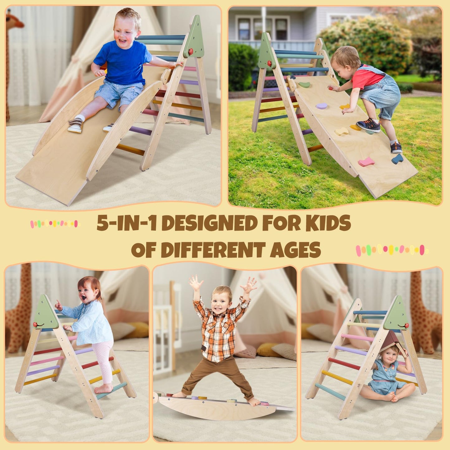 Pikler Triangle Climbing Set, Climbing Toys For Toddlers 1-3 Inside, 5In1 Montessori Climbing Set, Pikler Climbing Set With Fold