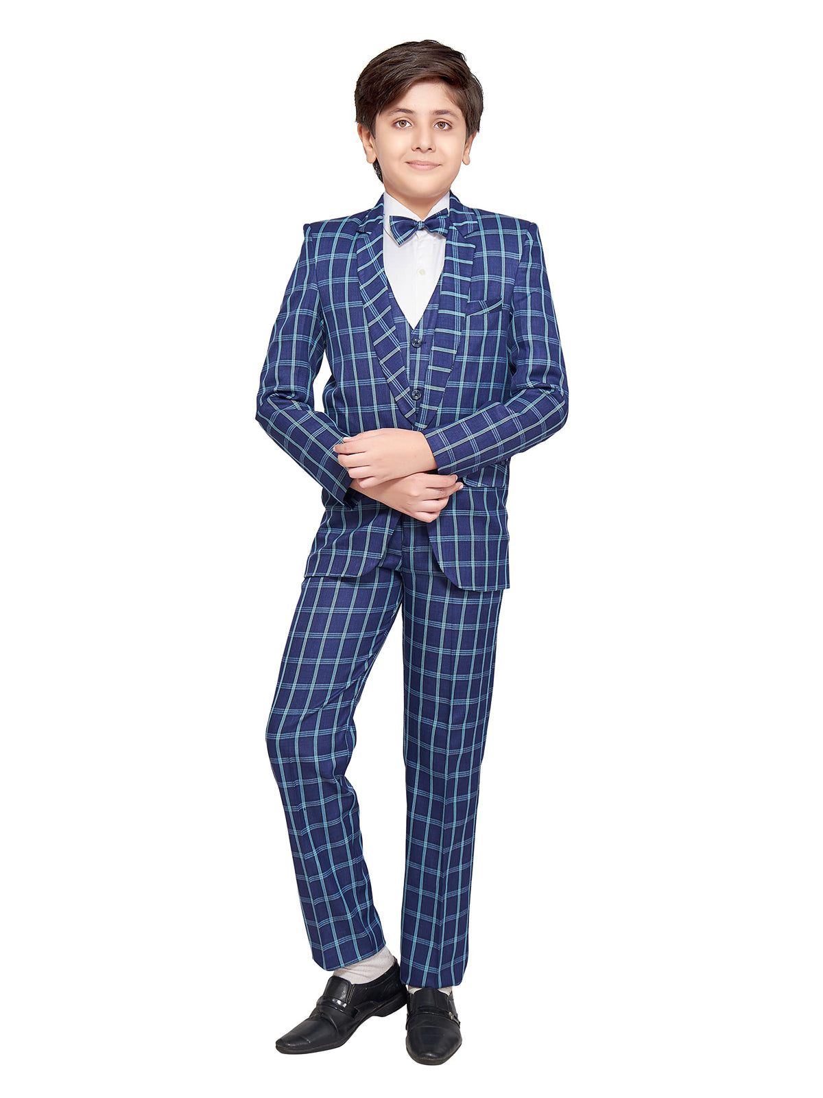 Jeetethnics Boys Navy Blue Checked Coat Suit Set With Waistcoat Shirt And Trousers (9083Bq)