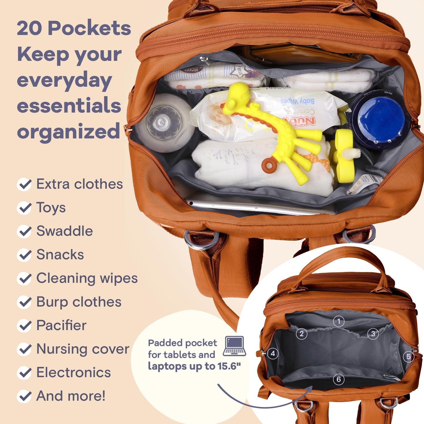 Ruvalino Diaper Bag Backpack, Multifunction Travel Pack Maternity Baby Changing Bags, Large Capacity, Waterproof, Maple Orange