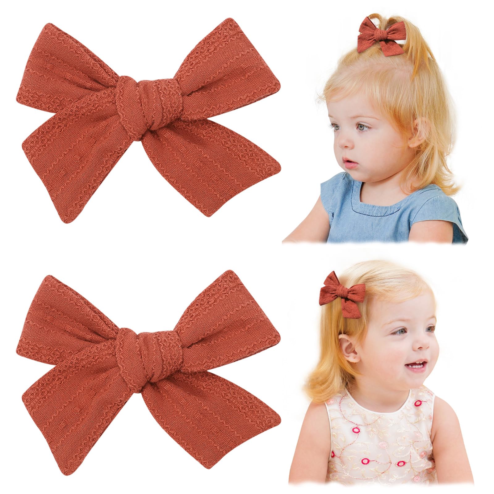 Jollybows 2pcs 3.2 Hair Bows Clips for Baby Girl Christmas Toddler Pigtail Bows Neutral Linen Hair Clip -Brick Red