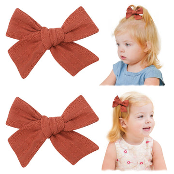 Jollybows 2pcs 3.2 Hair Bows Clips for Baby Girl Christmas Toddler Pigtail Bows Neutral Linen Hair Clip -Brick Red