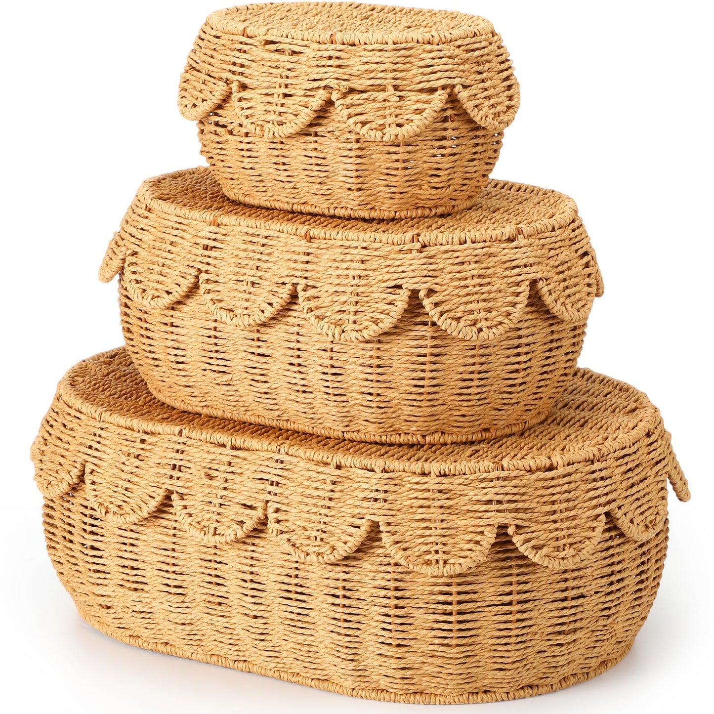 Cinnvoice Set of 3 Scalloped Baskets with Lids 10/13/14 Inch Hand Woven Storage Wicker Baskets for Baby Shower Gifts Baby Diaper