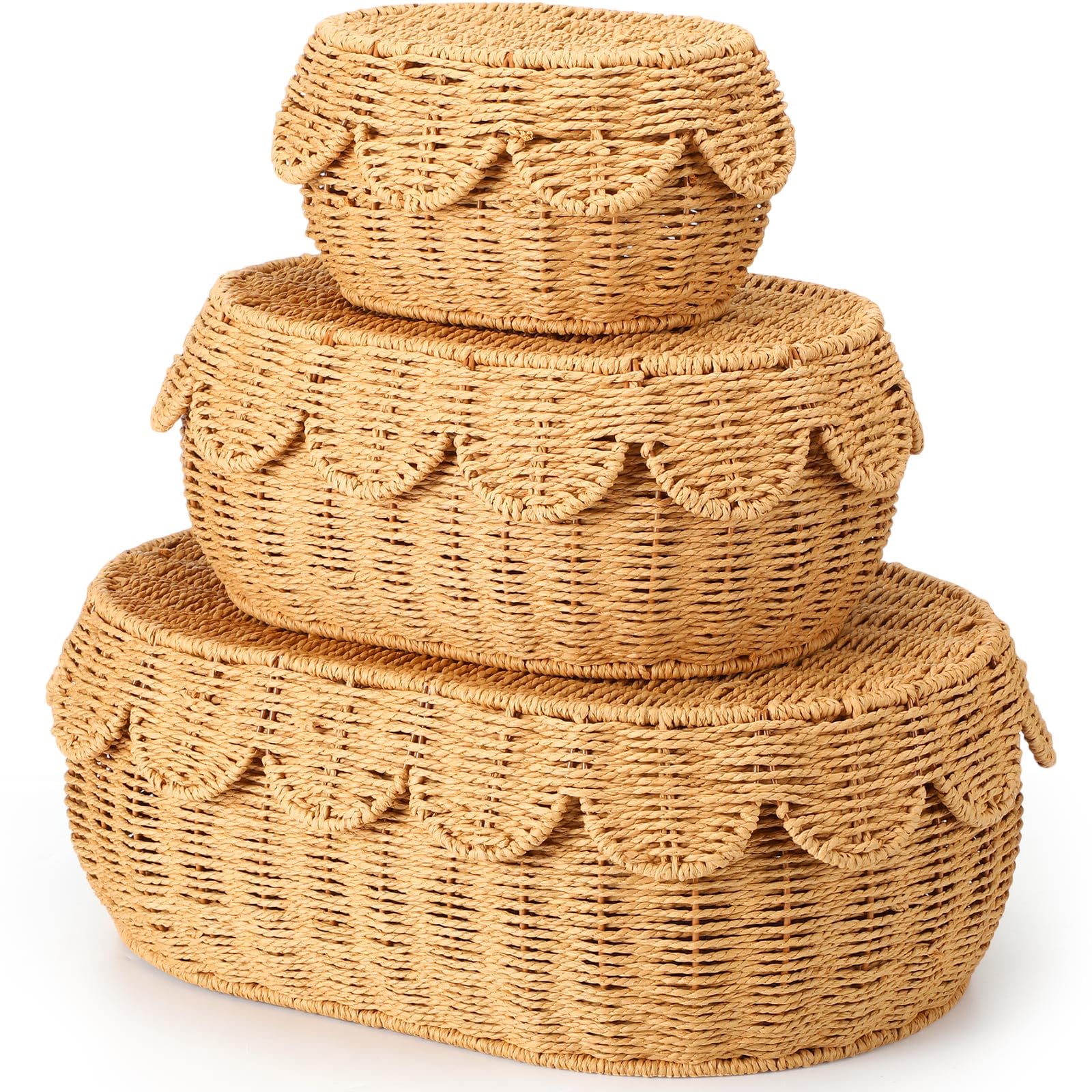 Cinnvoice Set of 3 Scalloped Baskets with Lids 10/13/14 Inch Hand Woven Storage Wicker Baskets for Baby Shower Gifts Baby Diaper