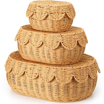 Cinnvoice Set of 3 Scalloped Baskets with Lids 10/13/14 Inch Hand Woven Storage Wicker Baskets for Baby Shower Gifts Baby Diaper