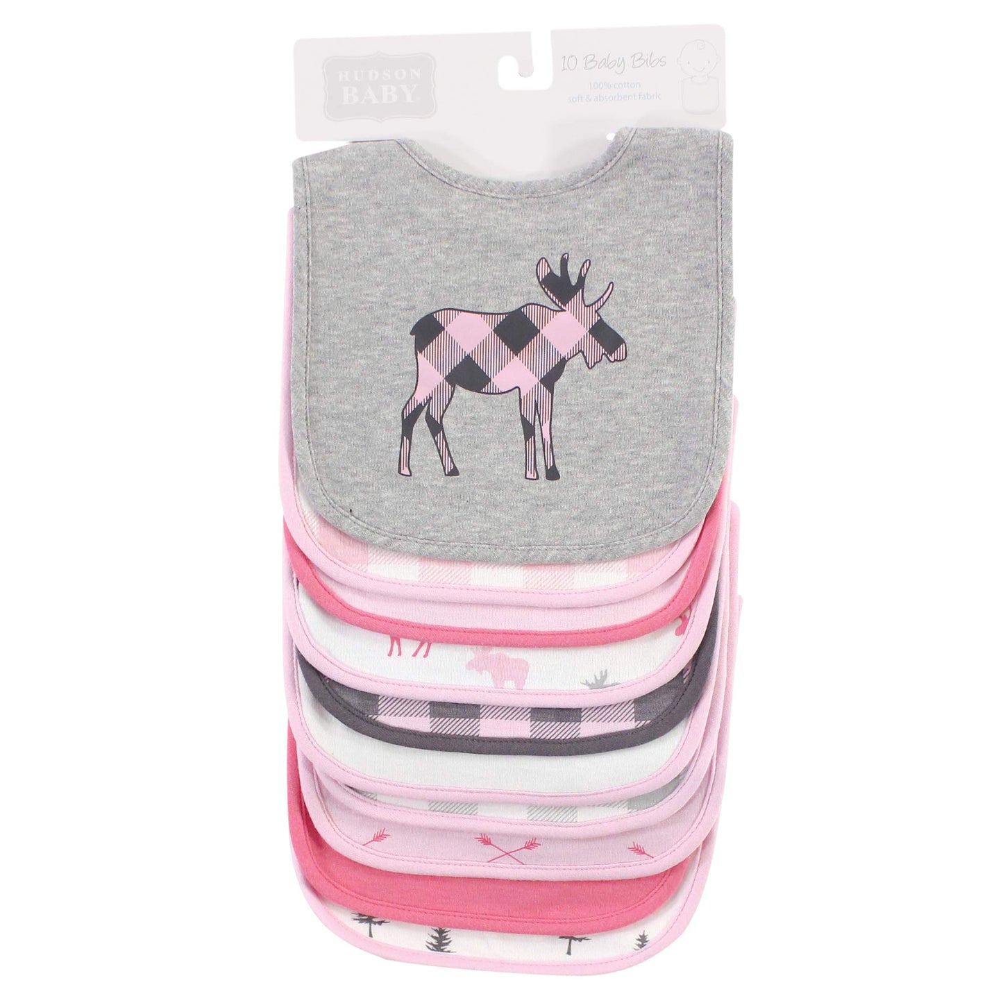 Hudson Baby Unisex Baby Cotton Bibs, Pink Plaid Moose, One Size