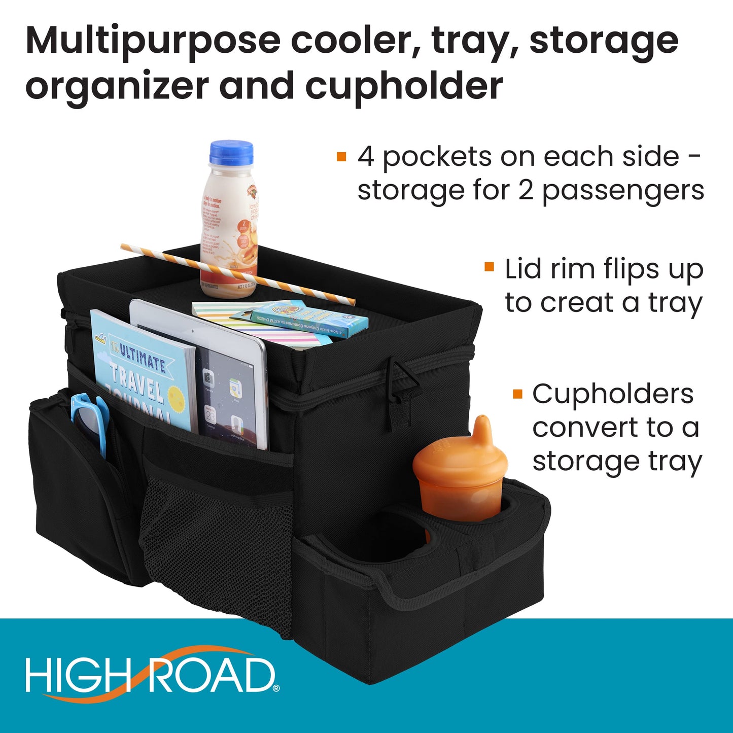 High Road CarHop Car Organizer for Kids and Passenger Seat Organizer for Adults - Road Trip Cooler with Car Cup Holder Tray and