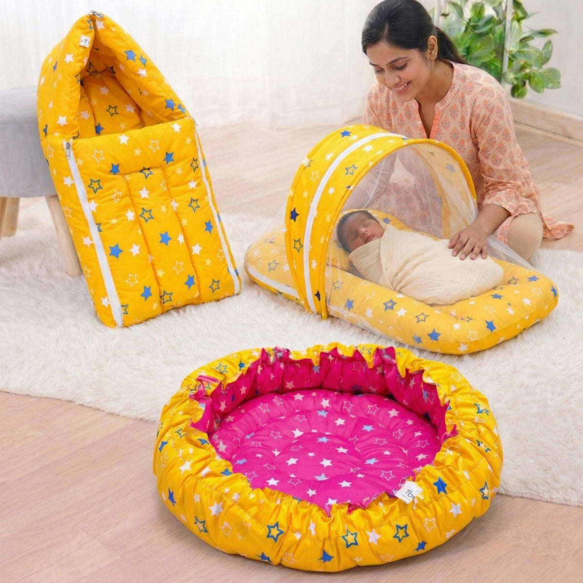 Infantbond Baby Essential Reversible Nest | Mattress With Net | Carry Bag(06 Months) (Yellow)