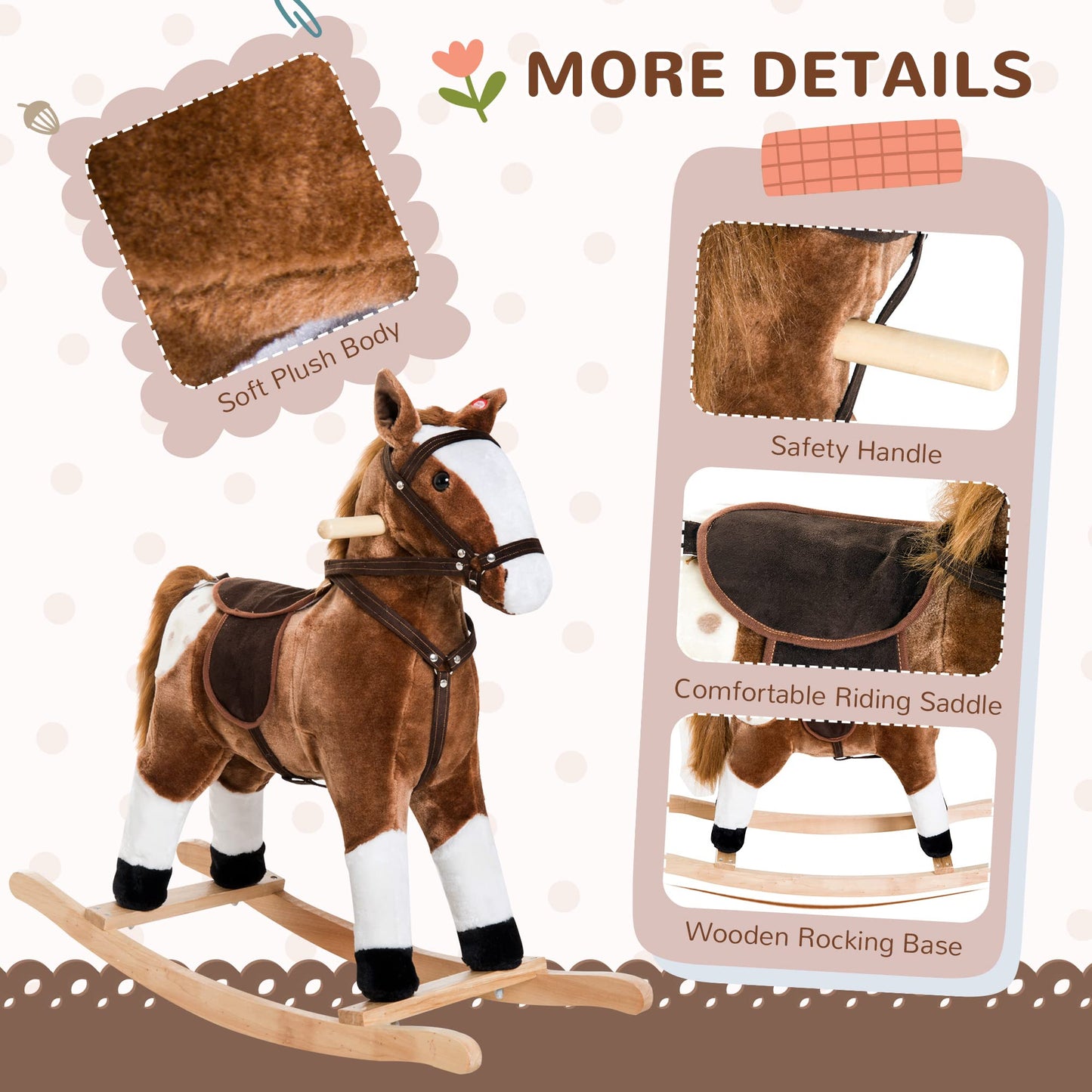 Qaba Kids Rocking Horse Plush Ride On Toy Toddler Rocker for Boys Girls Gifts with Realistic Sounds, Brown