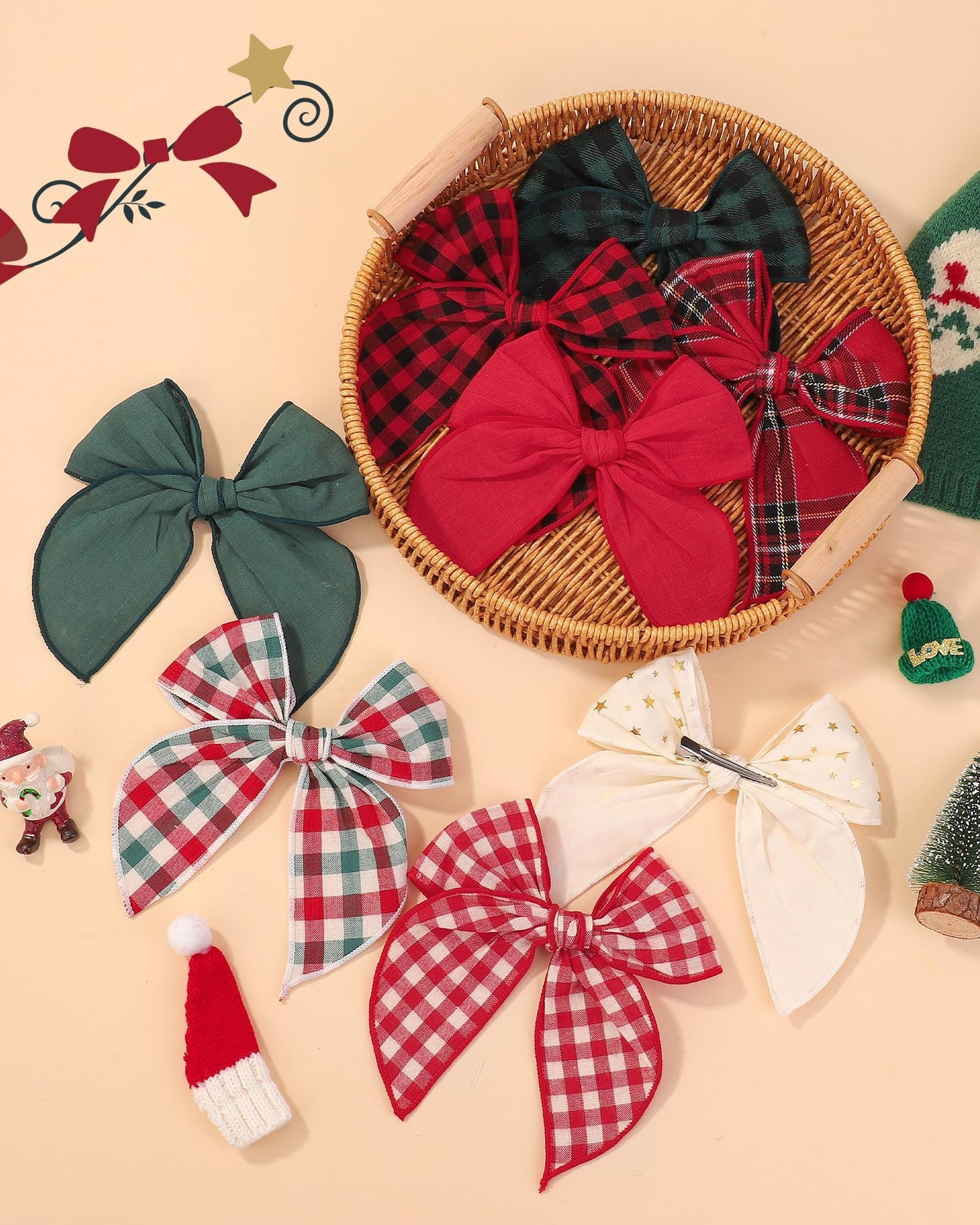 Doboi 8Pcs Baby Girls Hair Clips Large Christmas Fable Hair Bows Cotton Linen Bows For Girls Gingham Hair Accessories For Baby T