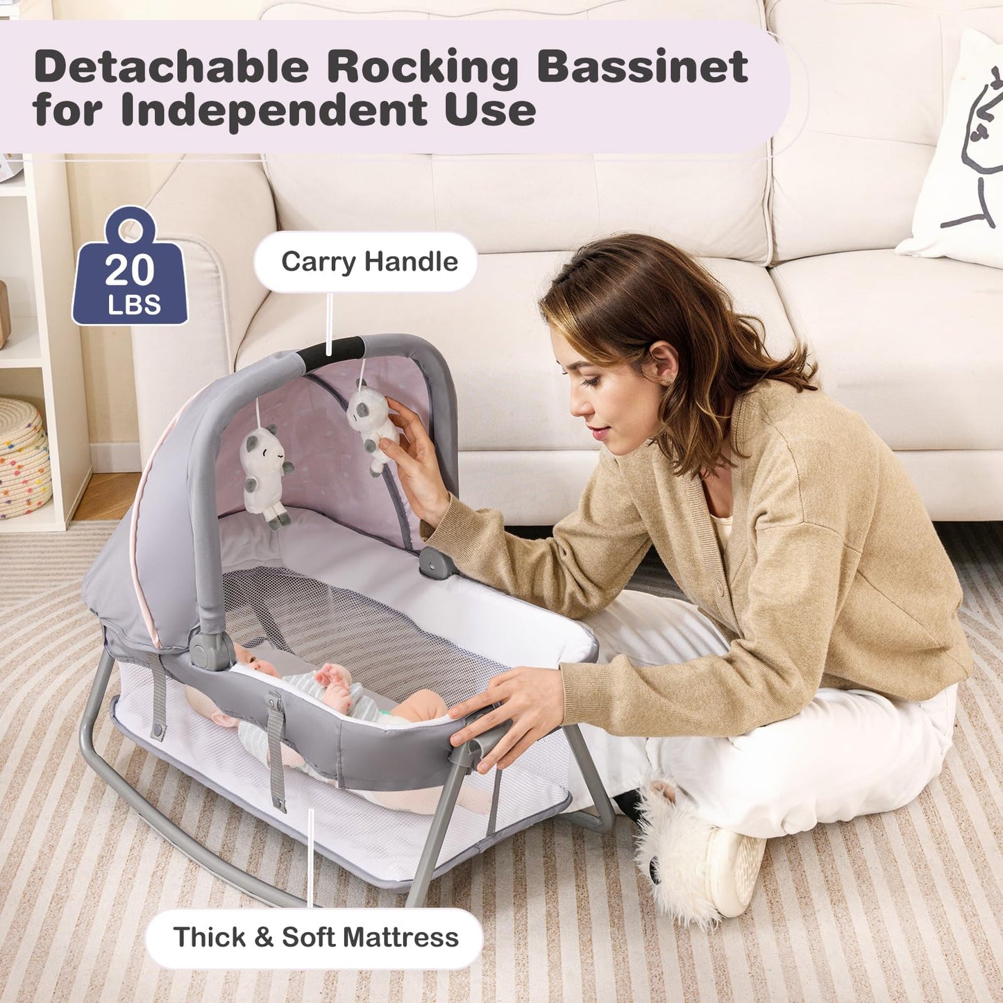 Baby Joy 5 In 1 Pack And Play, Portable Baby Playard W/Bassinet & Diaper Changing Table, Infant Pink Bassinet Crib With Toys & M