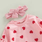 Engofs Newborn Baby Girl Boy Valentine'S Day Outfit Long Sleeve Hearts Sweatshirt Romper With Headband Fall Winter Clothes Pink