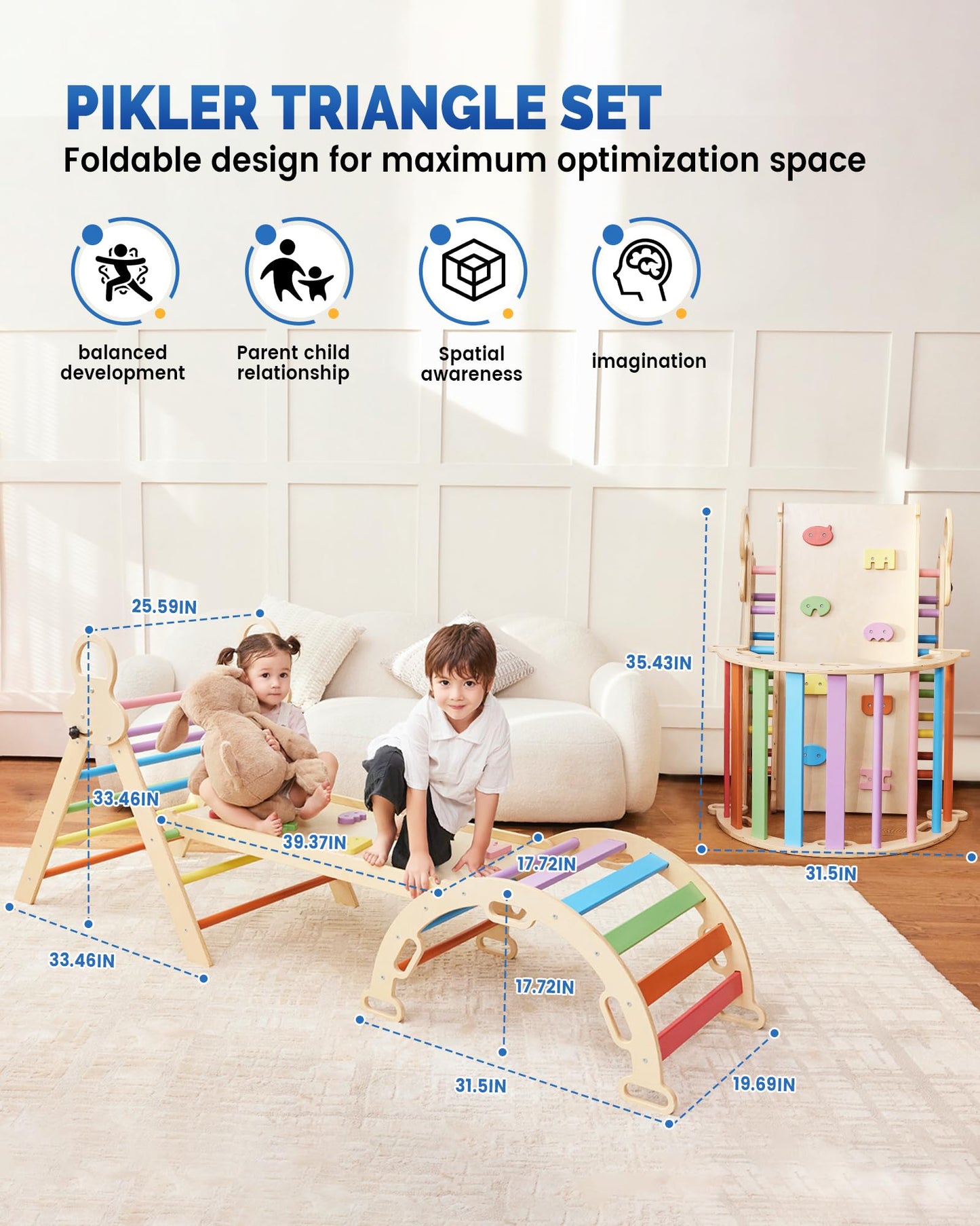 Pikler Triangle Set For Kids, 8 In 1 Colorful Montessori Large Climbing Toys For Toddlers 1-6 Inside With Ramp, Arch And Foldabl