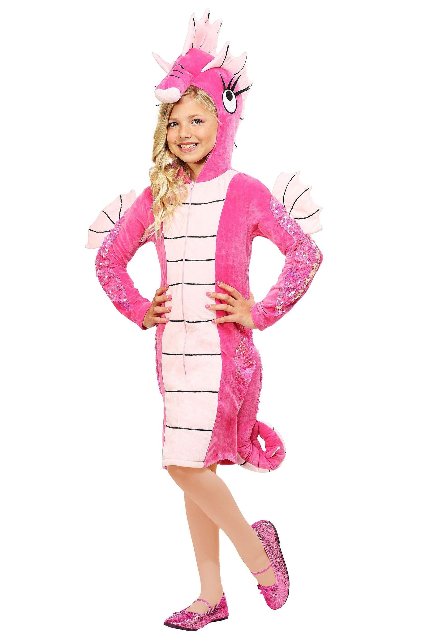 Fun Costumes Kid's Girl's Seahorse Costume, Animal Dress with Front Zipper, Sequin Accents, and Stuffed Hood and Tail Pink, Medi