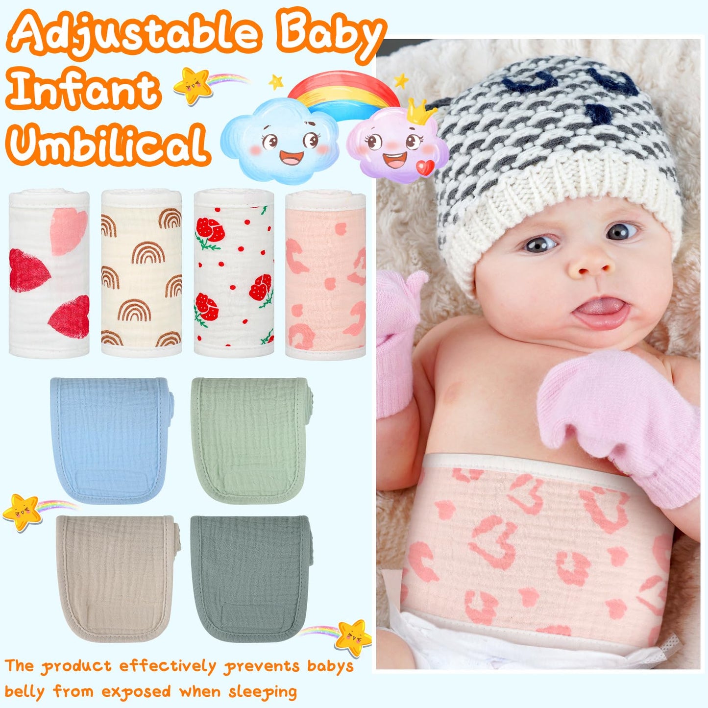 Vabean 8 Pcs Baby Infant Umbilical Cord Comfort Adjustable Cotton Belly Band For Protection, Baby Gifts For 0 To12 Months (Cute)