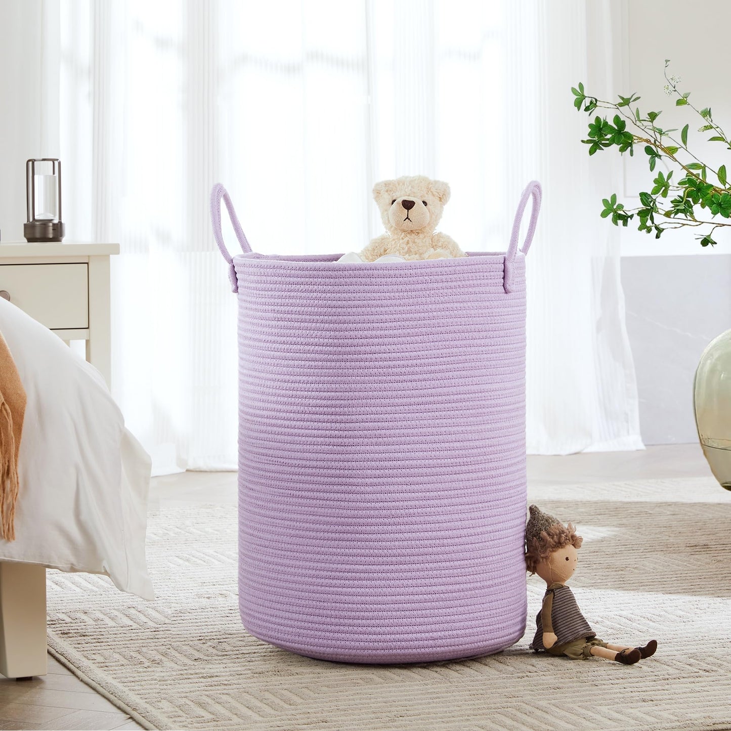 Mojoscend 80L Extra Large Purple Hamper Laundry Basket For Nursery Kids16Dx22H Inches Tall Lavender Blanket Basket For Girls Cot