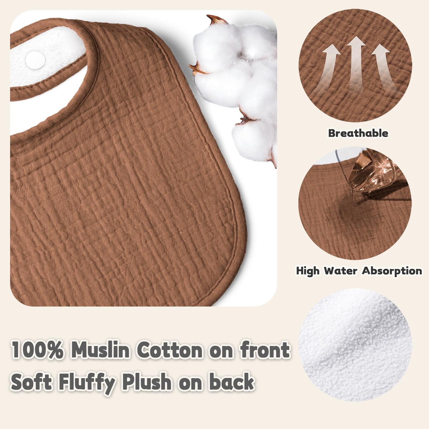 Susurration Muslin Baby Bibs 6 Pack Bandana Drool Bibs,Soft Square Adjustable Baby Drooling Bibs For Unisex Girls & Boys(Brown)