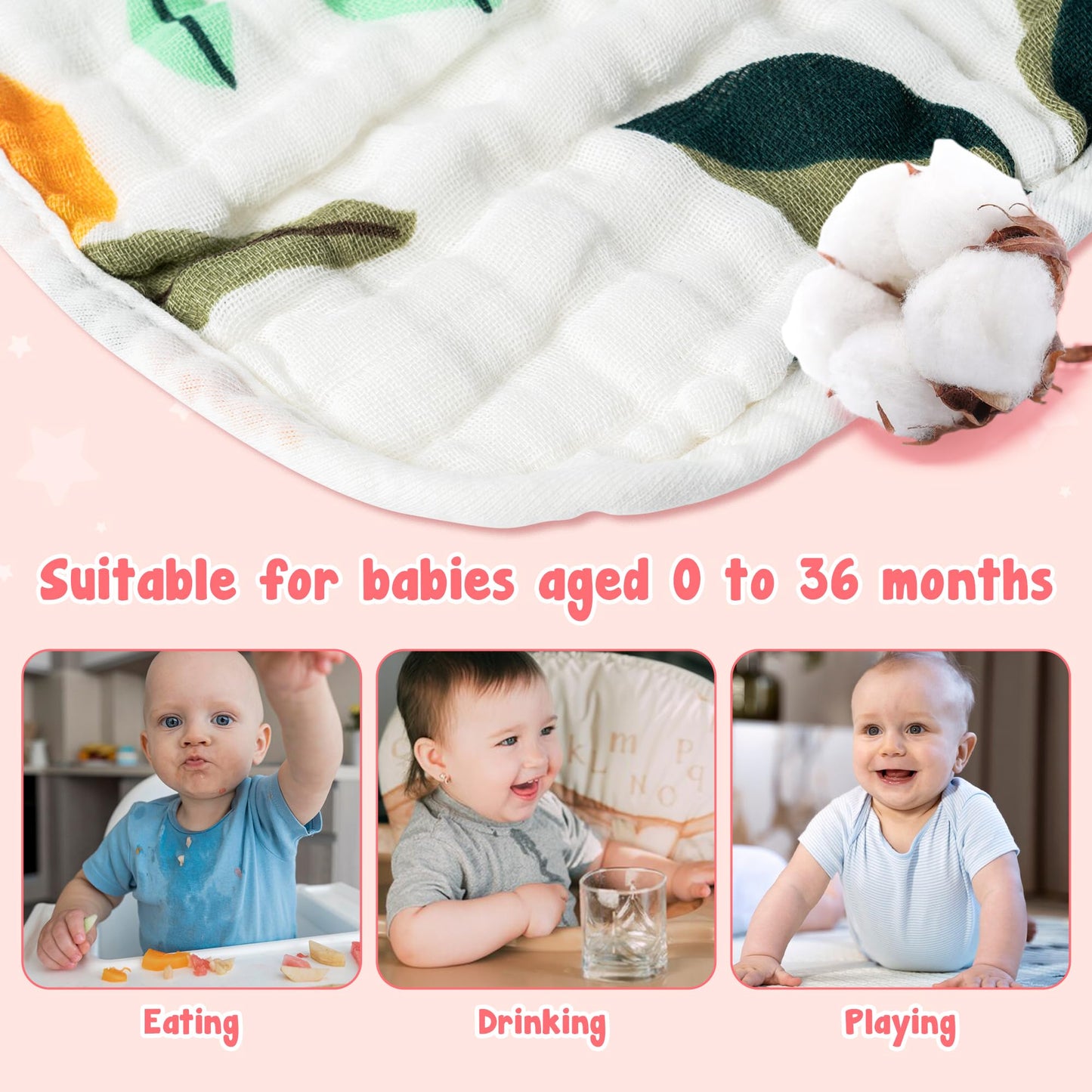 Zainpe 6Pcs Snap Muslin Cotton Baby Bibs Summer Cactus Patterns Infants Drooling Bib Soft Absorbent Adjustable Burp Cloths Feedi