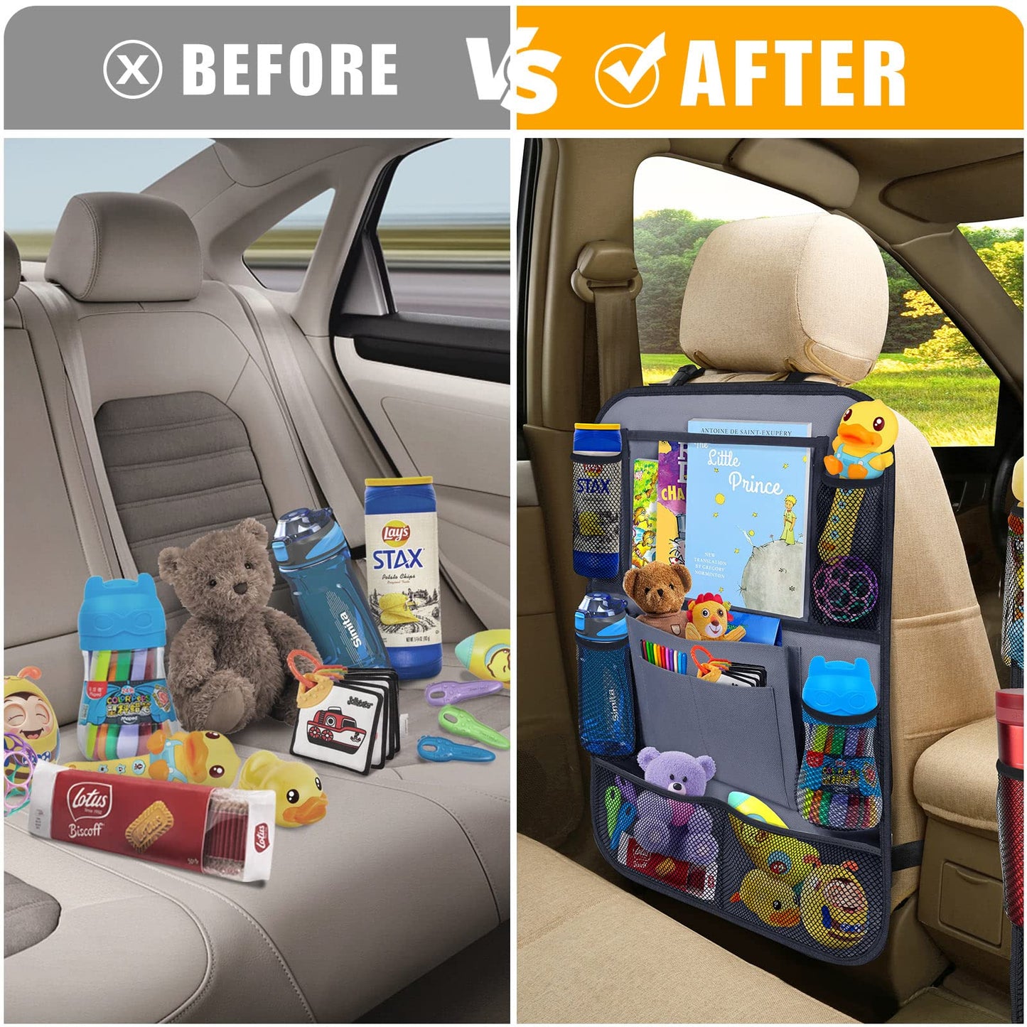ULEEKA Car Backseat Organizer with 11 Table Holder, 10 Storage Pockets Seat Back Protectors Kick Mats for Kids Toddlers, Travel
