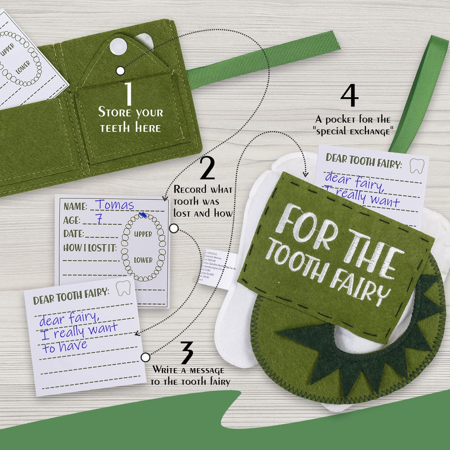 Dinosaur Tooth Fairy Pillow Boy-Tooth Fairy Kit W/Notepad & Keepsake Photo Pouch-Felt Tooth Fairy Box - Dear Tooth Fairy Notepad