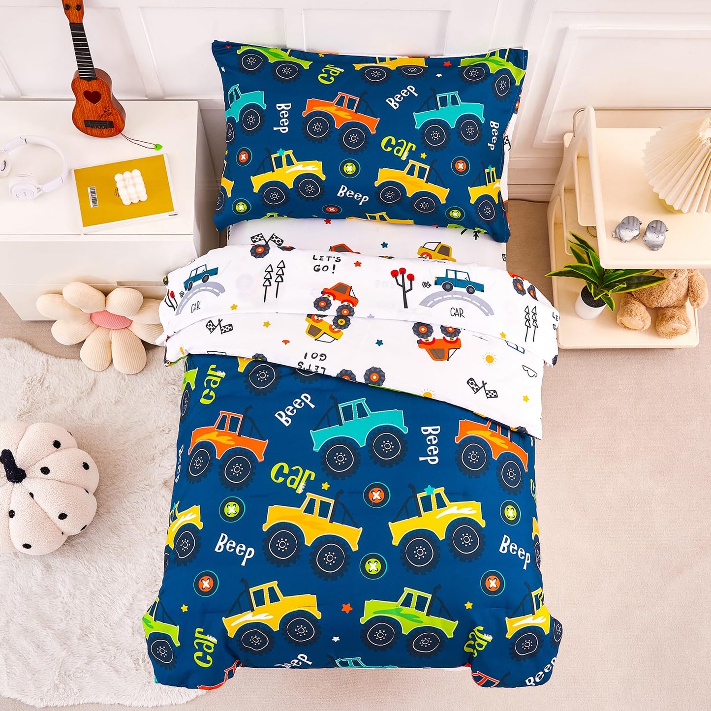 Perfemet Navy Blue Car Print Toddler Comforter Set, 4 Pieces Toddler Beeding Sets For Boys, Soft Reversible Kids Bed Set, Fluffy