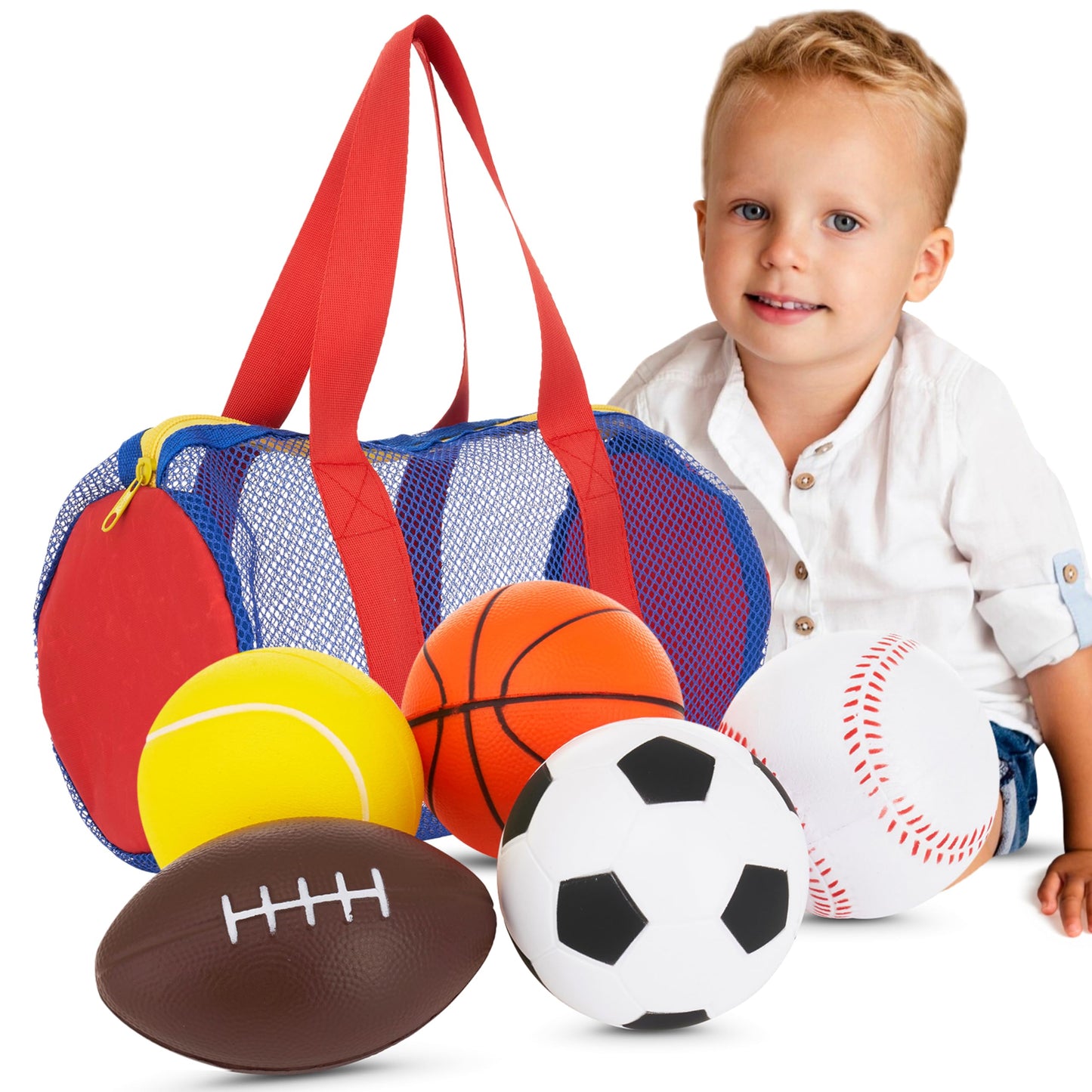 Neliblu Foam Sports Toys with Bag, Set of 5 - Includes Soccer Ball, Basketball, Football, Baseball and Tennis Ball - Suitable fo