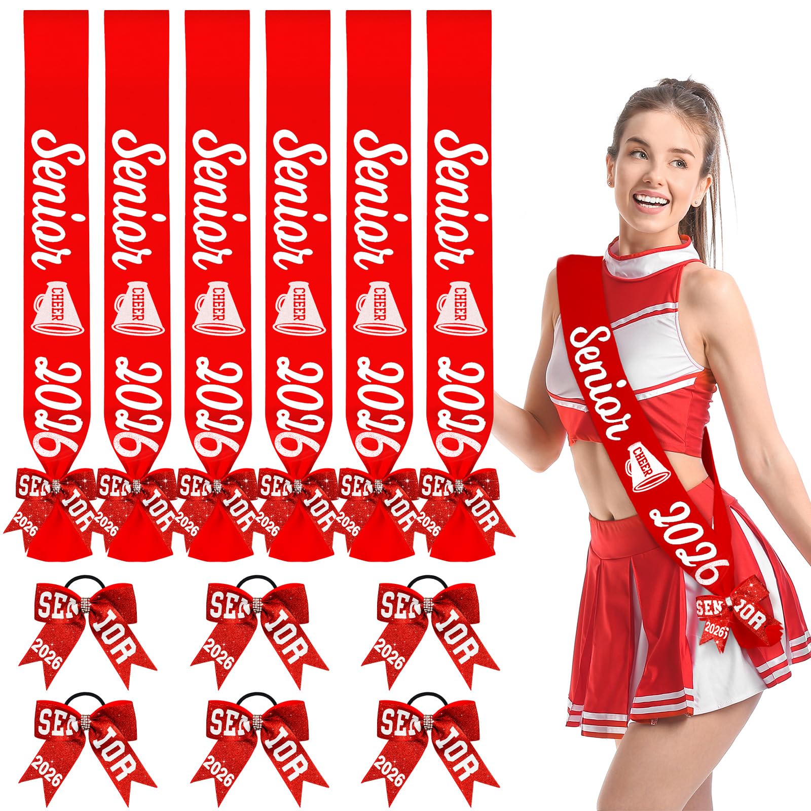Vinsatin 6 Set Senior Sash 2026 Sport Satin Sash Glitter Cheer Hair Bow Senior Night Decor Cheerleader Gift Girl(Red)