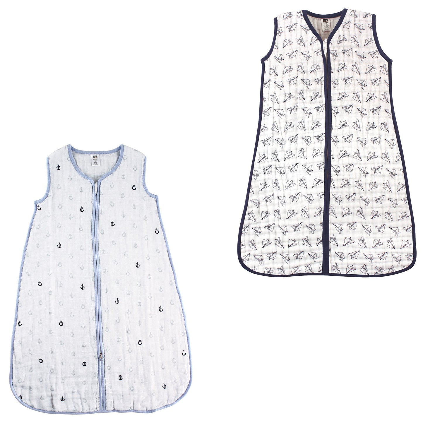 Hudson Baby Unisex Muslin Cotton Sleeveless Wearable Sleeping Bag, Sack, Blanket, Anchor/Paper Airplane Muslin 2-Pack, 12-18 Mon