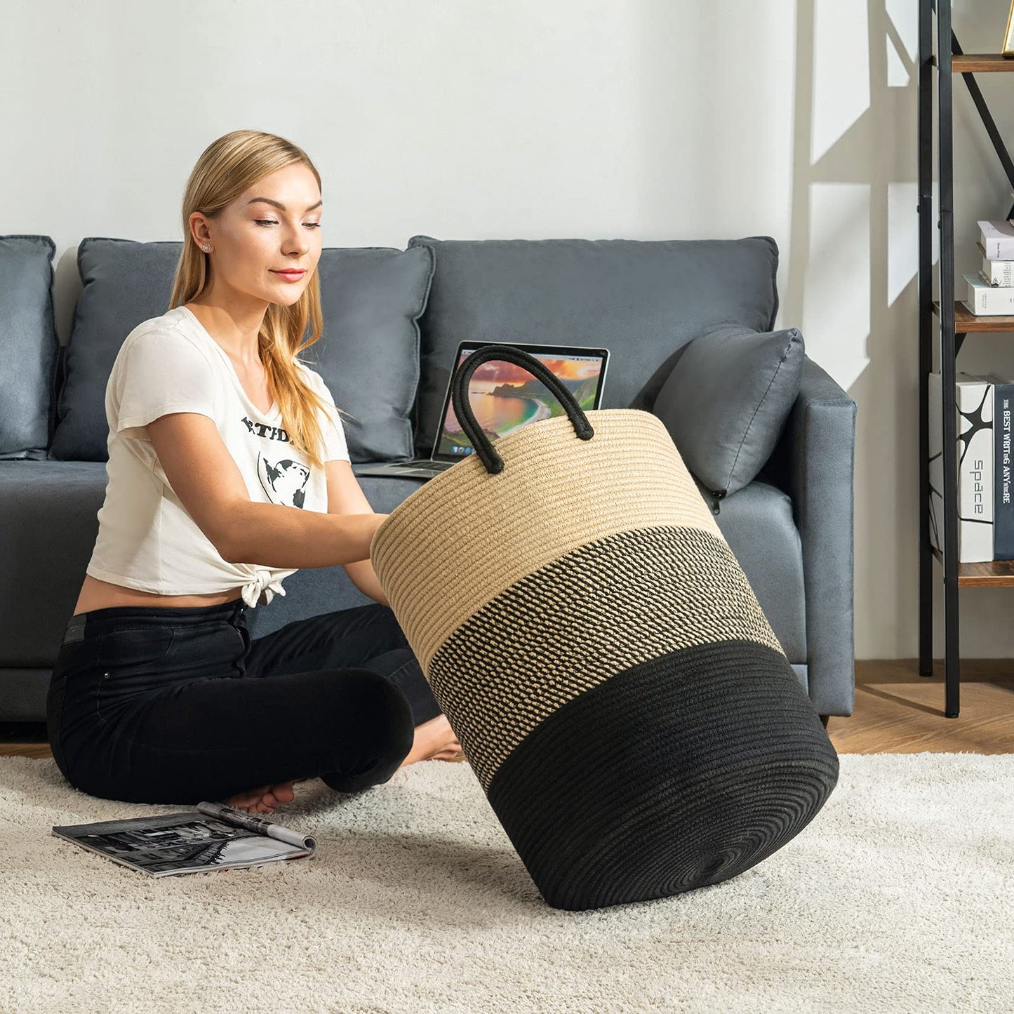 Woven Rope Laundry Hamper Basket By Youdenova, 72L Tall Luandry Basket, Baby Nursery Hamper For Blanket Storage, Clothes Hamper