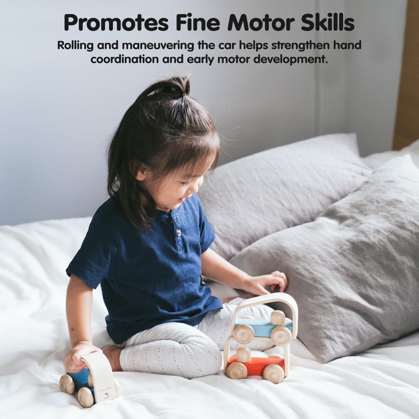 PlanToys Vroom Car Wooden Push Toy for Toddlers | Eco-Friendly Toddler Push Car for Indoor Play | Montessori Fine Motor Learning