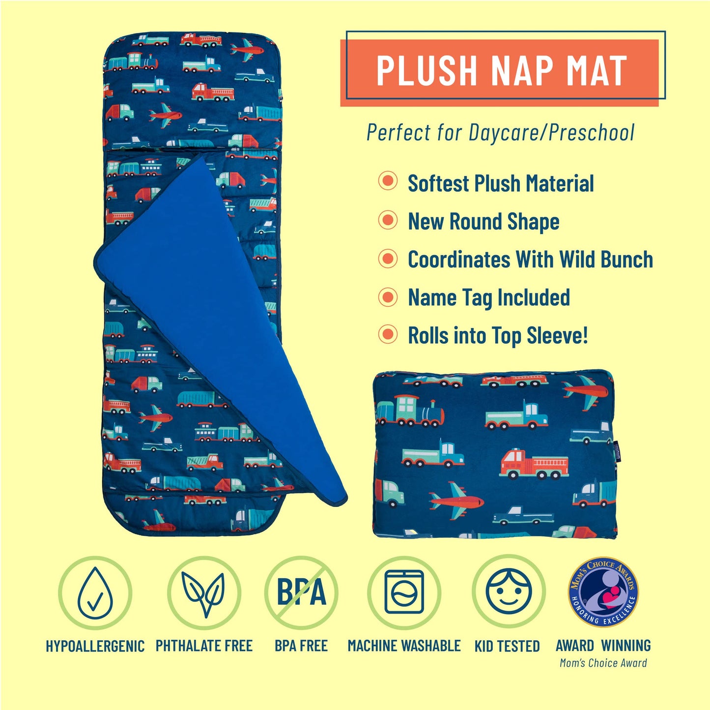 Wildkin Kids Plush Nap Mat For Toddler Boys And Girls, Perfect For Daycare & Preschool Nap Mats, Features Attached Blanket, Roll