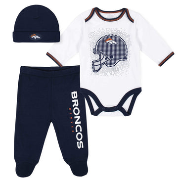 Gerber Nfl Denver Broncos 3 Pack Bodysuit Footed Pant And Cap Registry Gift Set, Blue/White Denver Broncos, 3-6M
